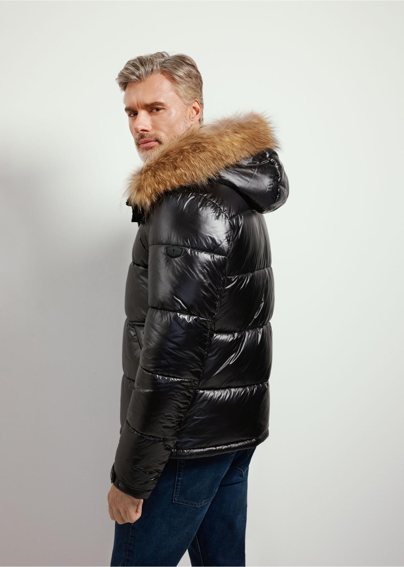 Black men's insulated jacket with fur KURMT-0341-99(Z24)-02