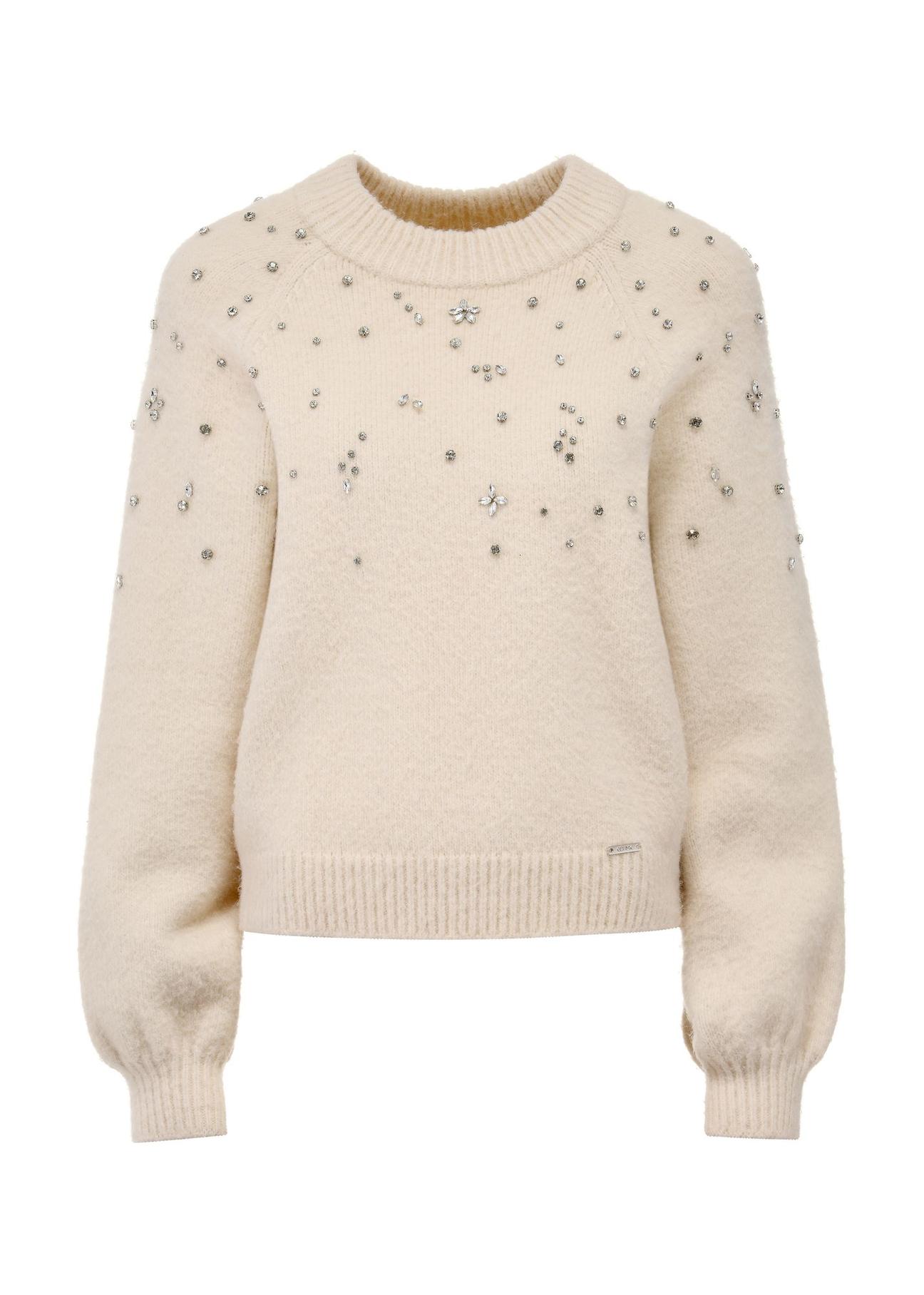 Beige women's sweater with crystal decorations SWEDT-0225-80(Z24)