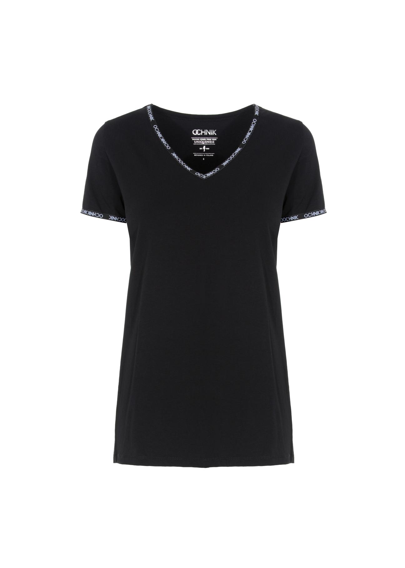 Czarny T-shirt z dekoltem V damski TSHDT-0061-99(W21)