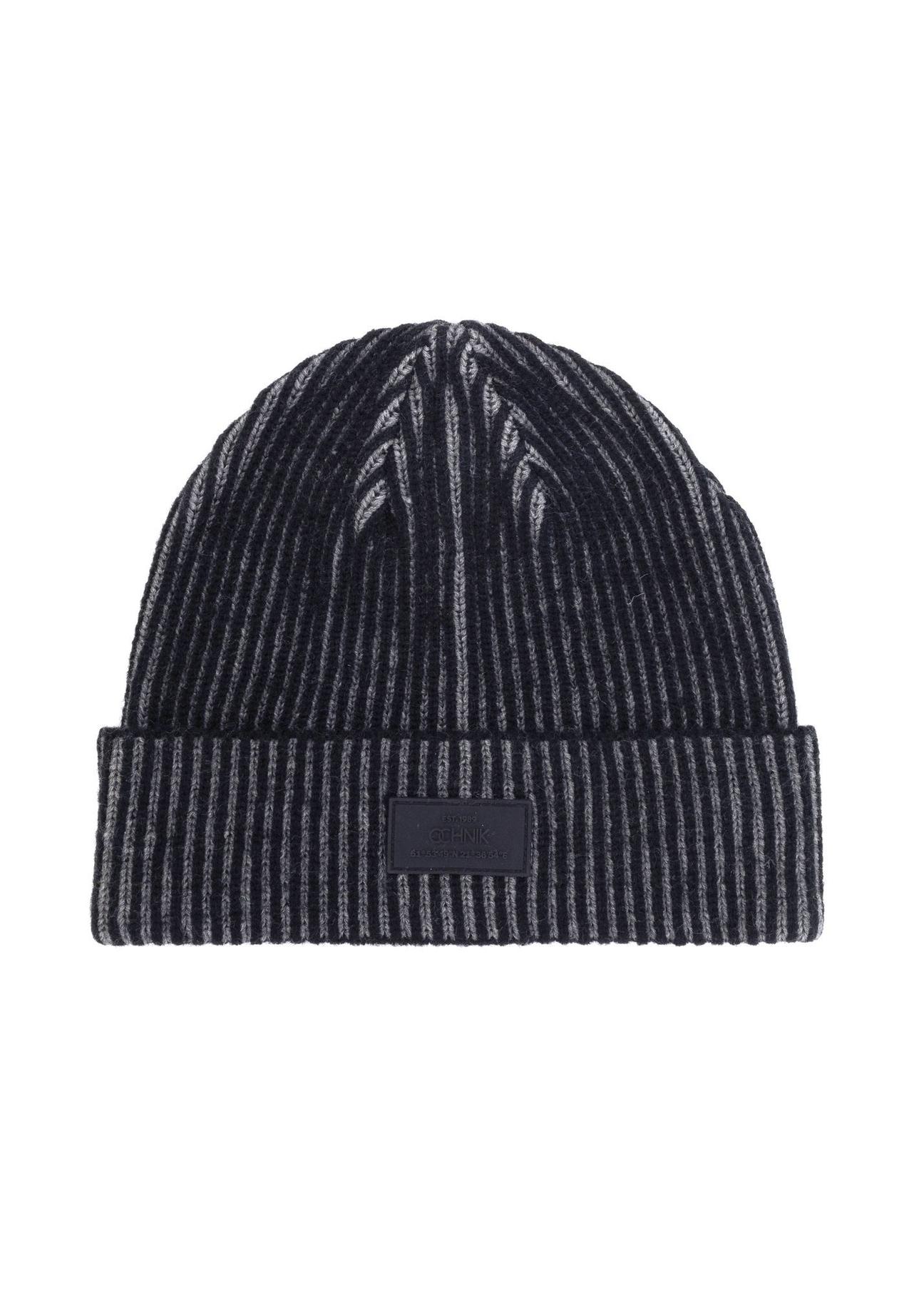 Black men's winter hat with gray stripes CZAMT-0072-98(Z24)-01