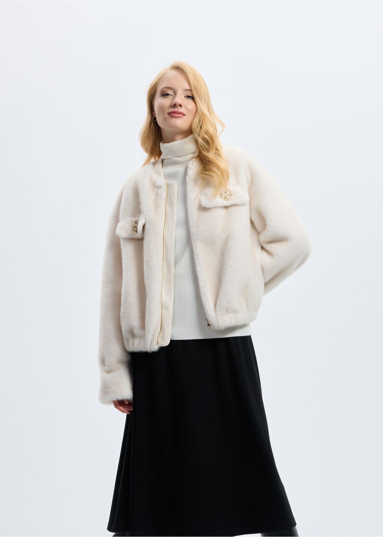 Cream women's fur coat FUTDP-0055-12(Z24)