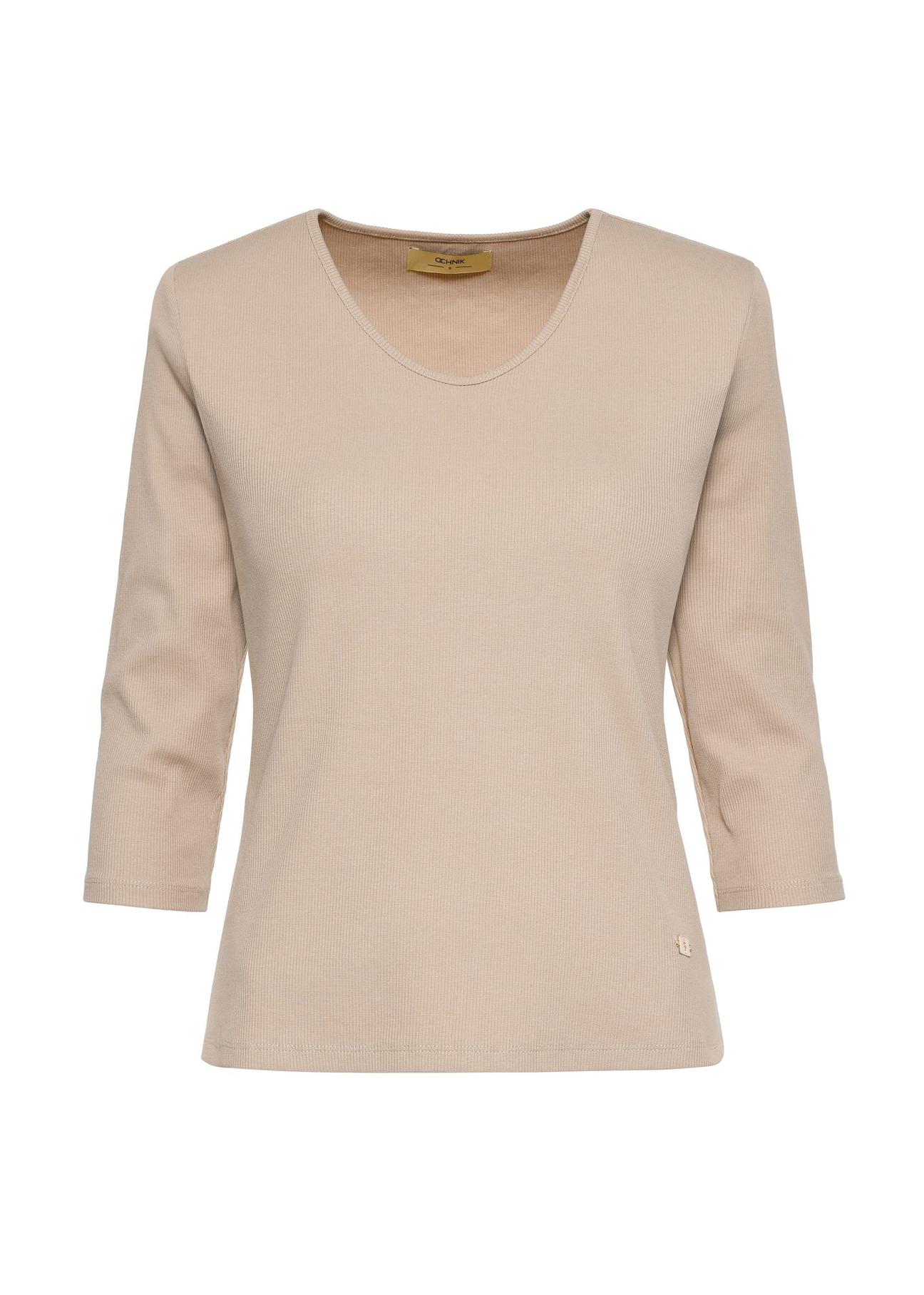 Women's beige V-neck blouse LSLDT-0036-80(Z24)-01