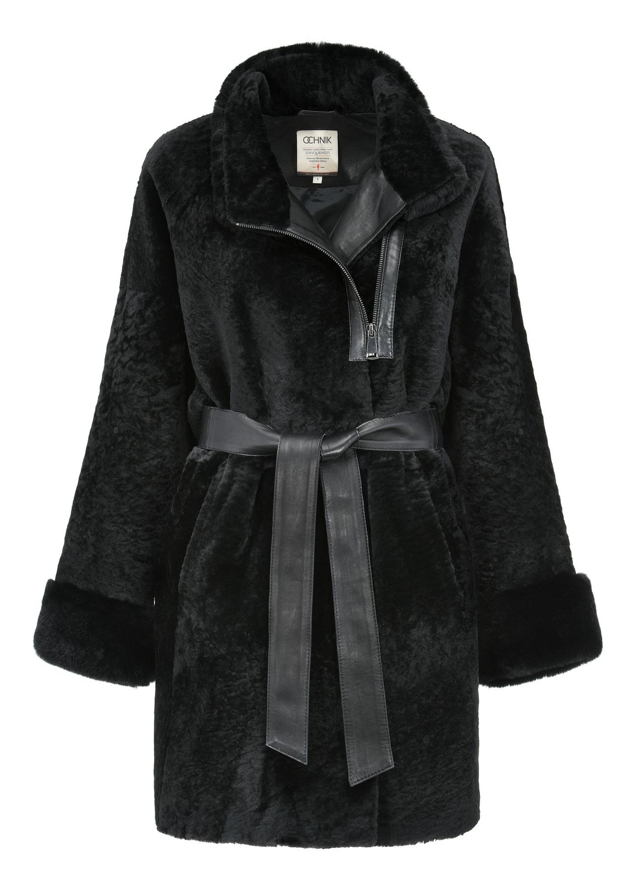 Black leather women's sheepskin coat KOZDS-0079-3175(Z24)-04