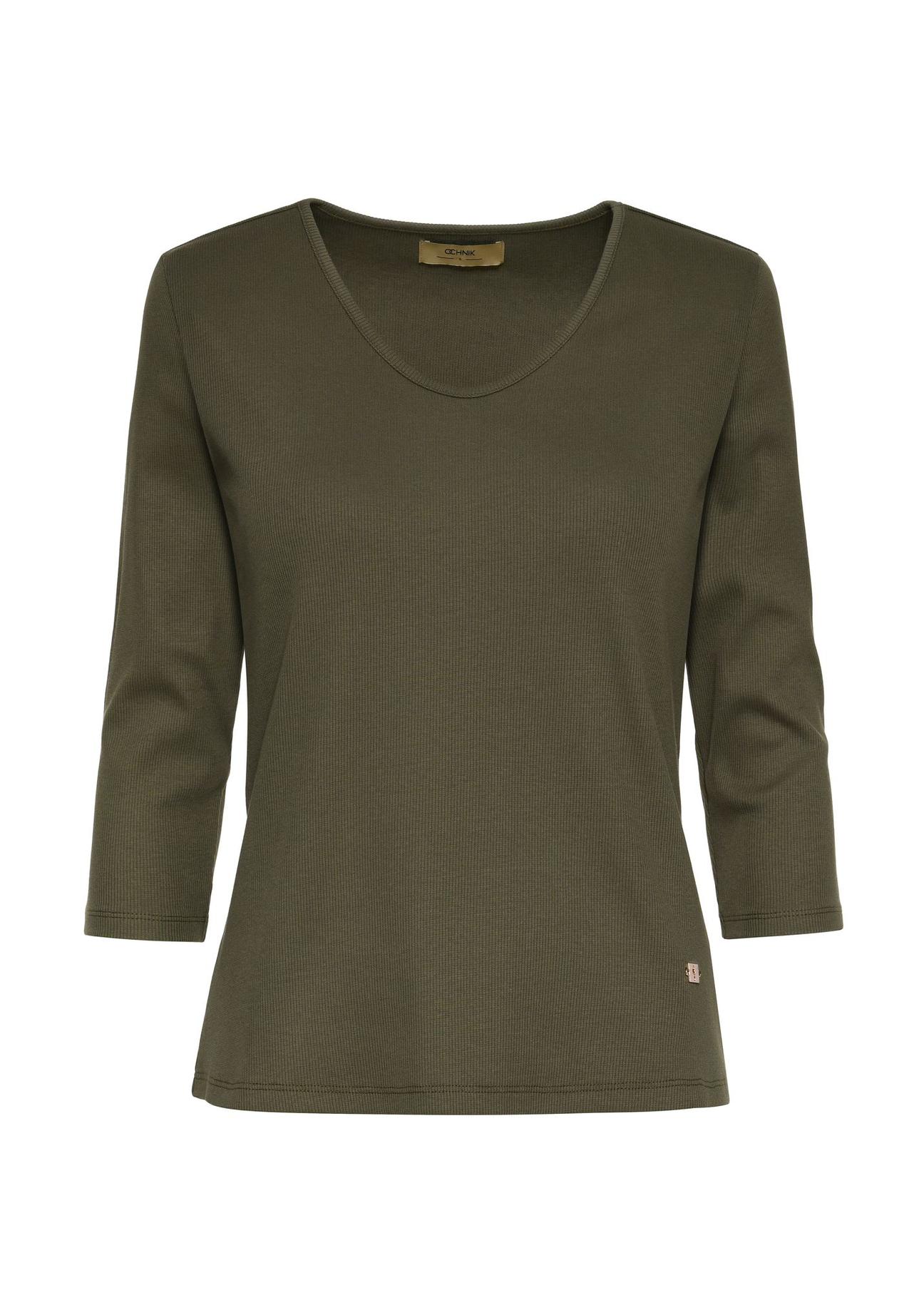 Women's khaki V-neck blouse LSLDT-0036-55(Z24)-01