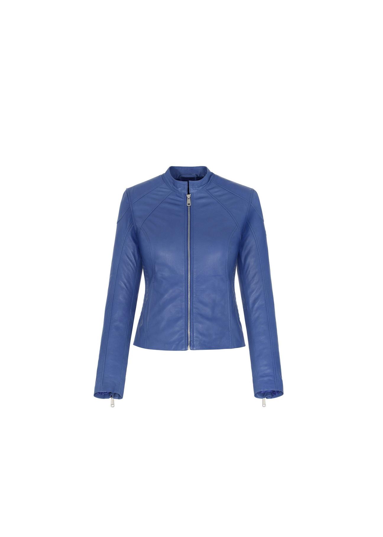 Taliowana niebieska kurtka skórzana damska KURDS-0244-5575(W20)