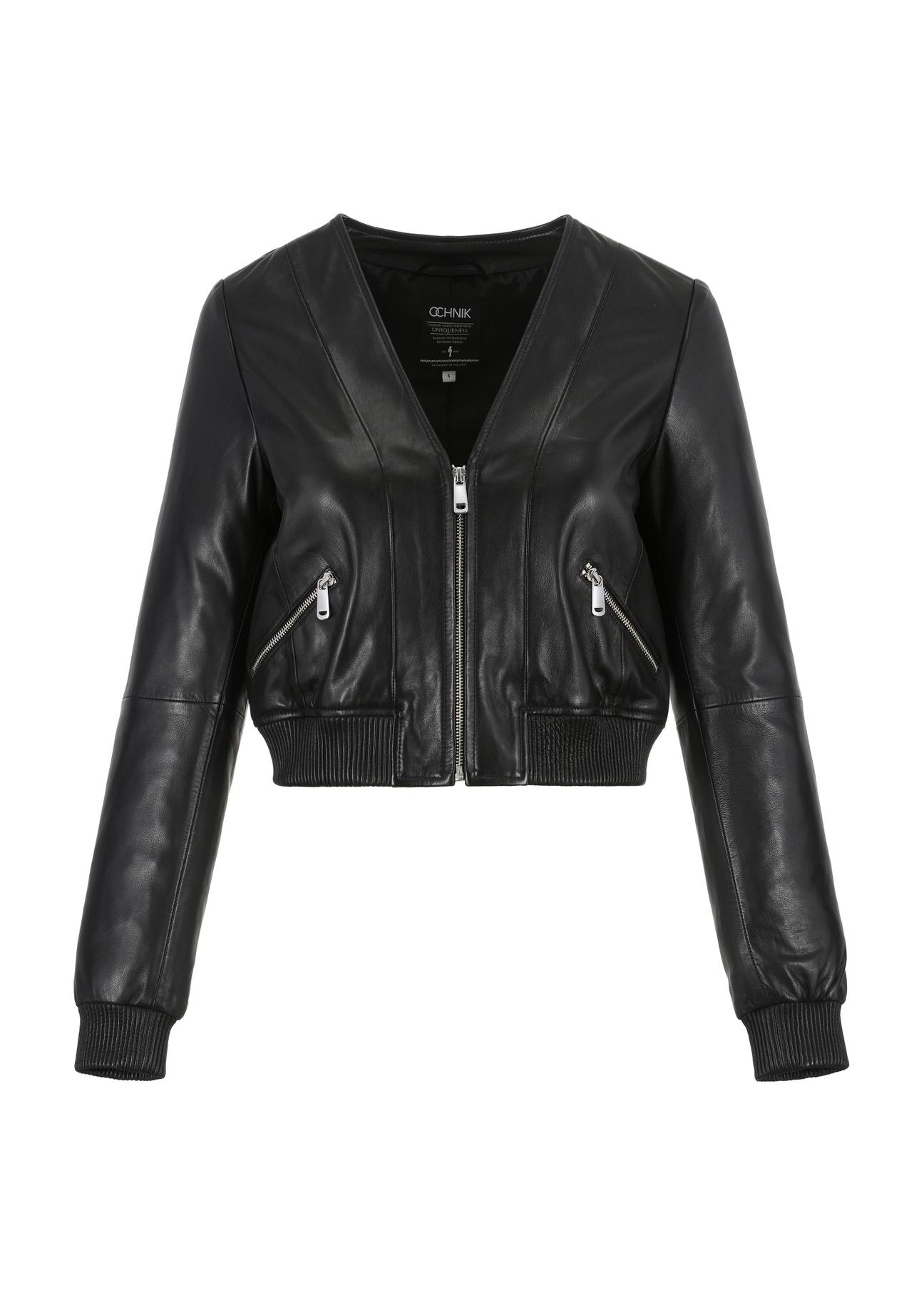 Women's short black leather jacket KURDS-0447-1333(Z23)-05