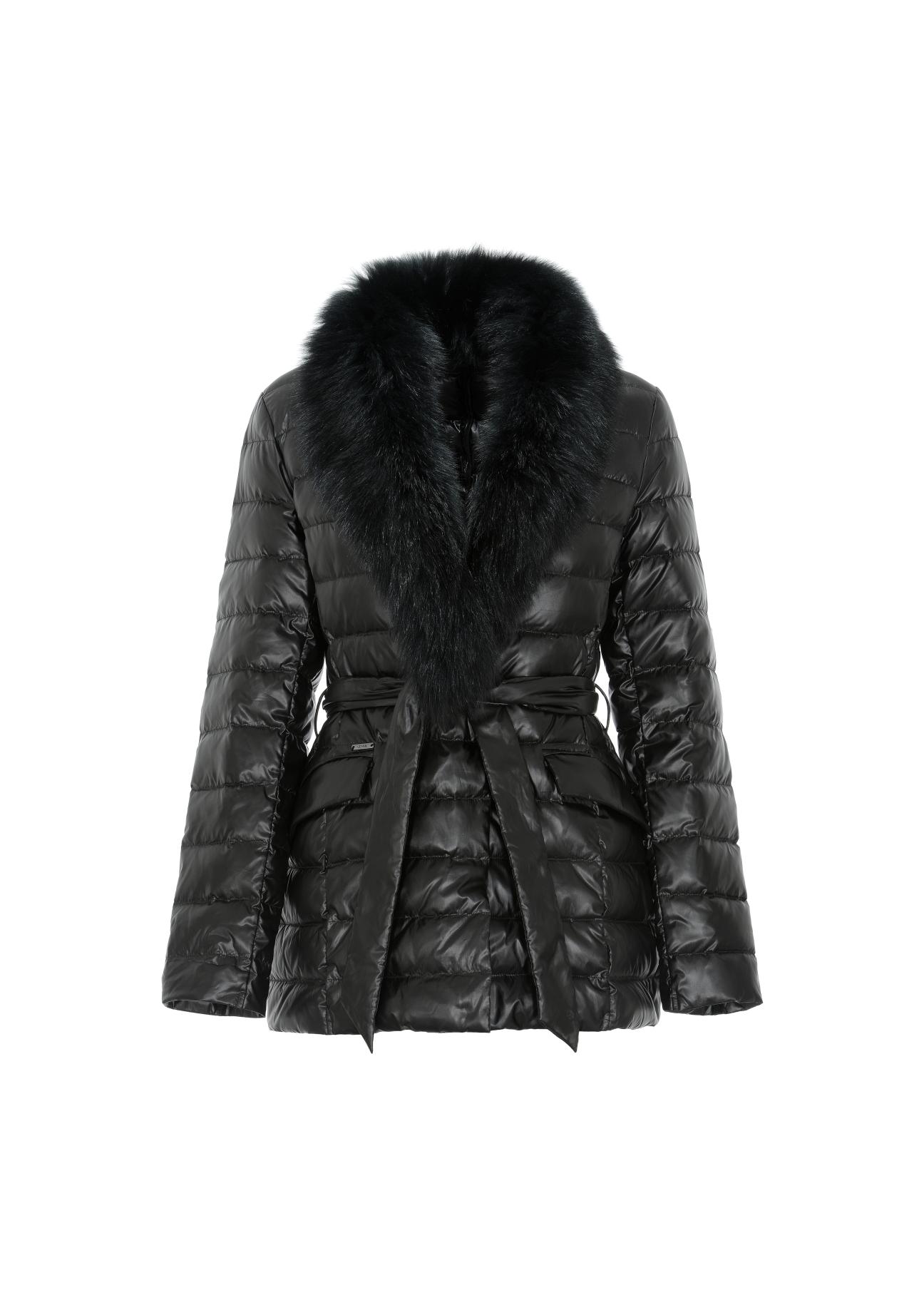 Czarna pikowana kurtka damska z paskiem KURDT-0250-99(Z21)