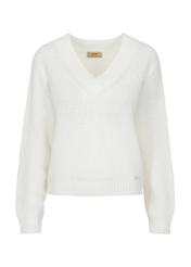 Kremowy sweter dekolt V damski SWEDT-0162-12(Z23)