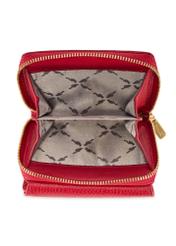 Mały czerwony skórzany portfel damski PORES-0802R-4B(W26), widok produktu w środku na białym tle.