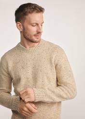 Beżowy sweter męski SWEMT-0173-24(Z25), widok produktu z przodu na modelu, zbliżenie na popiersie.