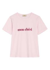 Różowy T-shirt damski z nadrukiem TSHDT-0152-5A(W26) - widok produktu przodu, na białym tle. 