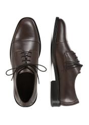 Ciemnobrązowe skórzane półbuty męskie BUTYM-0500-1I(W26), widok produktu z góry na białym tle.