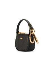 Czarny skórzany brelok w kształcie torebki BRELOK-0211-99(Z25), widok produktu skosem na białym tle.