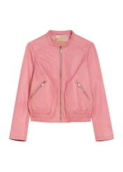 Różowa skórzana kurtka damska KURDS-0575-5B(W26), widok produktu z przodu na białym tle.