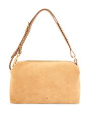 Beżowa zamszowa torebka damska TORES-1249-1B(W26), widok produktu od przodu na białym tle.