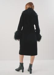 Czarny płaszcz wełniany damski z obszyciami FUTDW-0014-99(Z23)