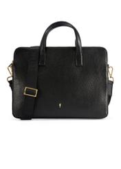 Czarna skórzana torba na laptopa TORES-1070A-99(W26), widok produktu z przodu na białym tle.