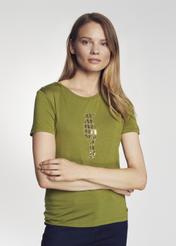 T-shirt damski khaki z aplikacją TSHDT-0072-55(Z21)-01