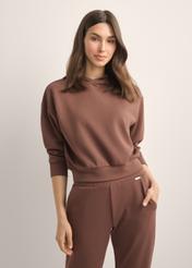Brązowa bluza damska z kapturem BLZDT-0118-1H(Z26), widok produktu od przodu na modelce. Widoczna połowa sylwetki.
