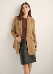 Wełniany płaszcz damski w kolorze camelu PLADT-0071-1K(Z26)