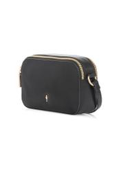 Czarna mała skórzana torebka damska TORES-1262-99(W26) - widok produktu po skosie, na białym tle. 