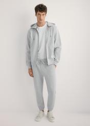 Szare dresowe spodnie męskie SPOMT-0116-9A(W26), widok produktu z przodu na modelu. Widoczna cała sylwetka.