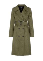 Oliwkowy płaszcz damski ze ściągaczem KURDT-0352-57(W22)