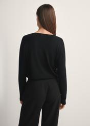 Czarny sweter z dekoltem V-neck SWEDT-0201-99(W24), widok produktu od tyłu na modelce, widoczna połowa sylwetki.