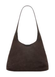 Brązowa zamszowa torebka damska TORES-1308-1I(W26), widok produktu z tyłu na białym tle.