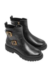 Skórzane botki damskie w kolorze czarnym BUTYD-1280-99(Z26), widok produktu skosem na białym tle.