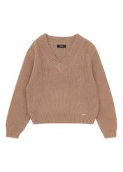 Camelowy sweter dekolt V damski SWEDT-0162-83(Z24)
