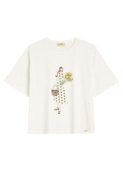 Kremowy T-shirt damski z nadrukiem TSHDT-0161-0B(W26), widok produktu z przodu na białym tle.