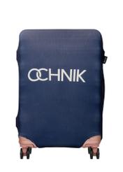 Granatowy pokrowiec na średnią walizkę AW-013-0002-7D-M(W26), widok produktu z przodu na walizce.