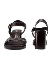 Ciemnobrązowe skórzane sandały na słupku BUTYD-1232-1I(W26), widok produktu z przodu i tyłu na białym tle.