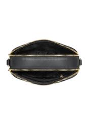 Czarna mała skórzana torebka damska TORES-1262-99(W26) - widok produktu z góry, na białym tle. 