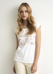 Biały T-shirt ze złotym nadrukiem damski TSHDT-0087-11(W22)-01