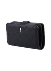Czarny portfel damski z monogramem POREC-0391A-9P(Z26), widok produktu skosem na białym tle.