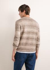 Brązowy sweter męski w paski SWEMT-0219-1I(Z26), widok produktu z tyłu na modelu. Widoczna połowa sylwetki.