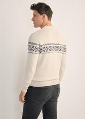 Beżowy sweter męski SWEMT-0177-80(Z25) - widok produktu z tyłu na modelu na białym tle. Widoczna sylwetka do kolan. 