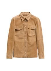 Skórzana koszula damska w kolorze beżowym KOSDS-0006-1B(W26) - widok produktu z przodu, na białym tle. 