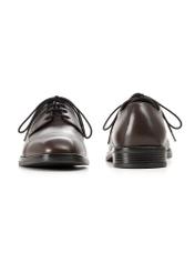 Ciemnobrązowe skórzane półbuty męskie BUTYM-0500-1I(W26), widok produktu z przodu i tyłu na białym tle.