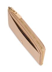 Beżowy mały skórzany portfel damski PORES-0978R-1B(W26), zbliżenie na detal produktu na białym tle.