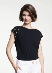 Black T-shirt with gold print for women TSHDT-0060-99(W21)-01