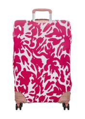 Różowy pokrowiec na dużą walizkę AW-013-0007-5P-L(W26), widok produktu z tyłu na walizce.