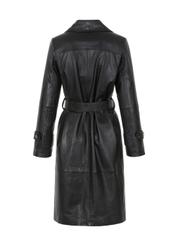 Czarny skórzany płaszcz damski z paskiem KURDS-0357-4233(Z23)