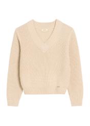 Beżowy sweter dekolt V damski SWEDT-0162-80(Z25), widok produktu od przodu na białym tle.