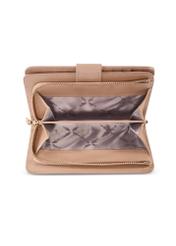 Średni beżowy skórzany portfel damski PORES-0896R-1B(W26), widok produktu od góry na białym tle.