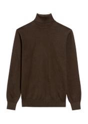 Sweter męski z golfem w kolorze czekoladowym SWEMT-0095B-90(Z25), widok produktu z przodu na białym tle.