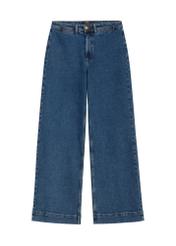 Damskie jeansy wide leg w kolorze ciemnogranatowym JEADT-0019-7D(Z26), widok produktu z przodu na białym tle.