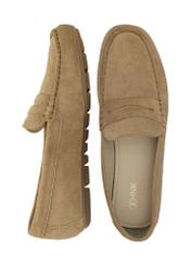 Skórzane mokasyny damskie w kolorze chłodnego beżu BUTYD-1262-1K(W26), widok produktu z góry na białym tle.